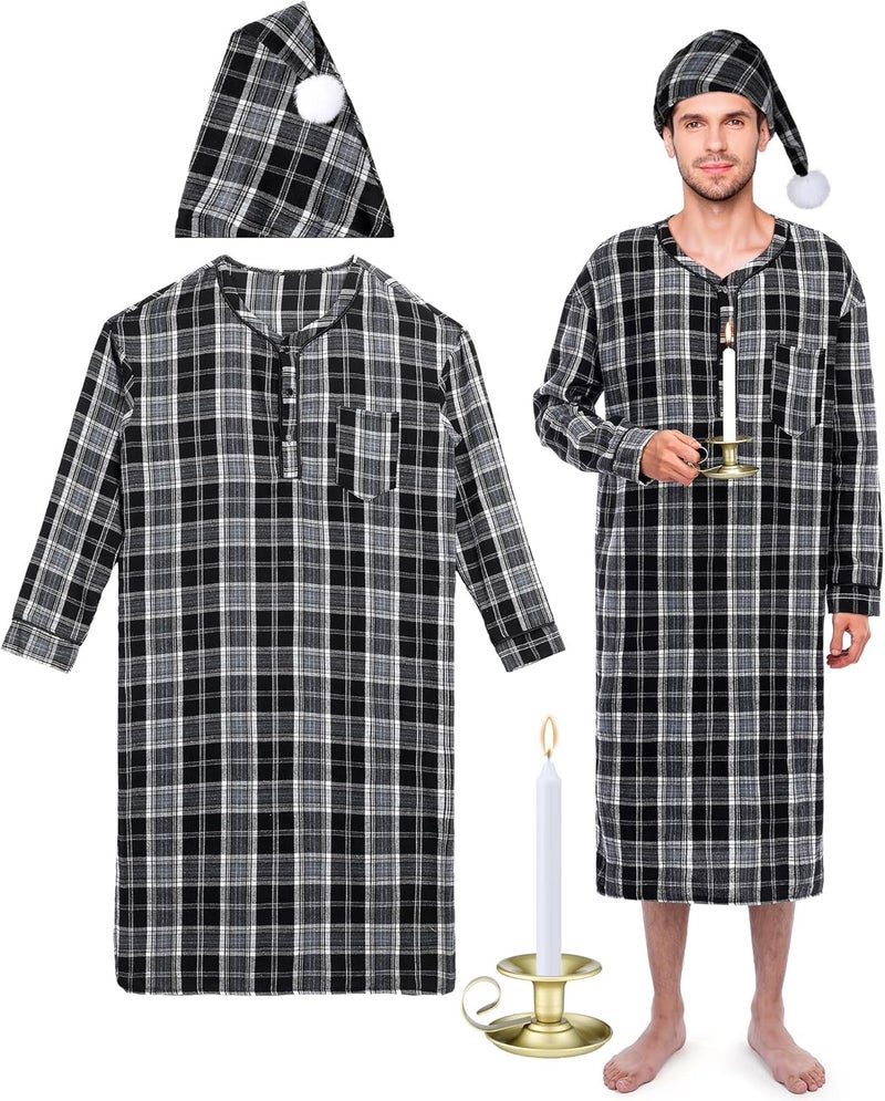 Cuffbow 4 Pcs Christmas Men's Cotton Flannel Nightshirt Set Includes Men Flannel Long Sleeve Nightgown Cap Candle and Holder - Image 1
